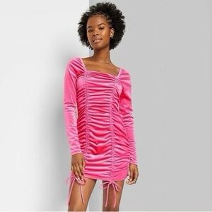 Wild Fable XS Pink Velvet Ruched Square Neck Bodycon Long Sleeve Mini Dress NWT